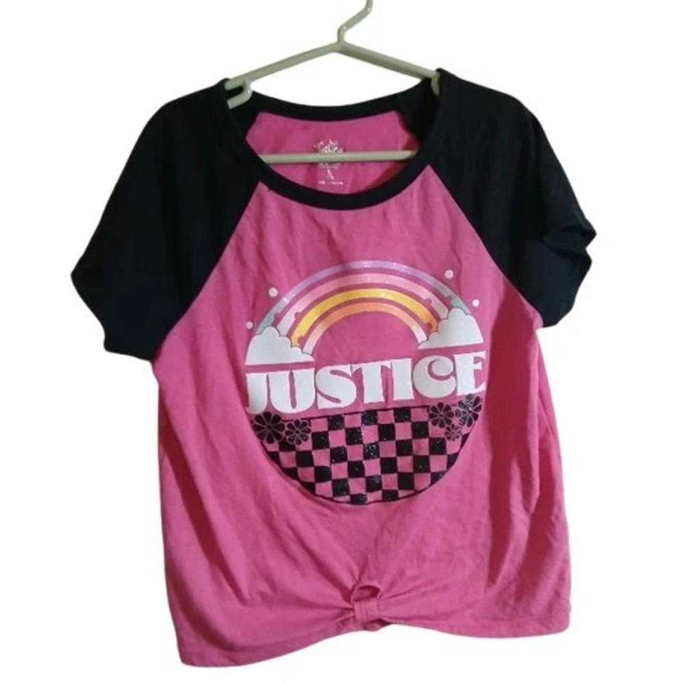 Justice Girls Knot Front Tie T-Shirt Pink Rainbow Glittery Top Size 7/8 Small
